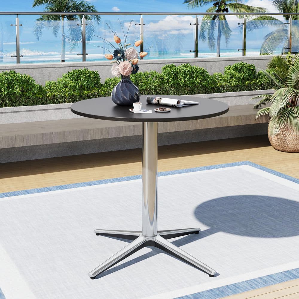 PHI VILLA 30 in. Black Metal Round Outdoor Bistro Pedestal Table