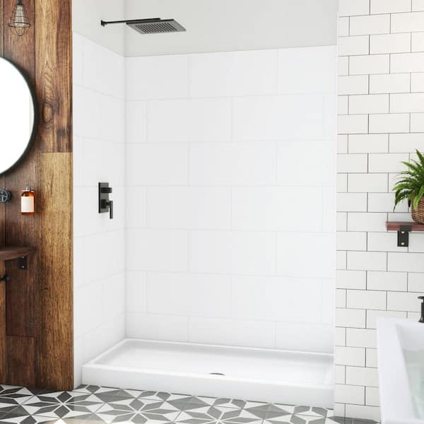 DreamLine DreamStone 32 in. L x 60 in. W x 84 in. H Alcove Shower Kit with Shower Wall and Shower Pan in Traditional White