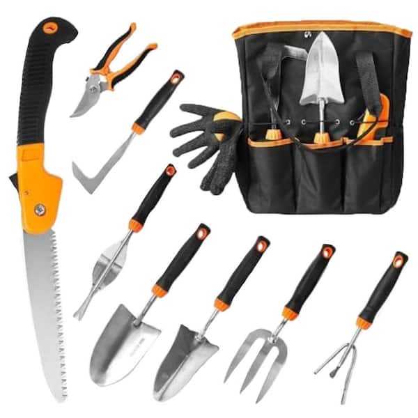 Misopily 10-Piece Garden Tool Set Stainless Steel Heavy Duty Ergonomic Handle Tools with Folding Saw Tote Bag Gift Kit