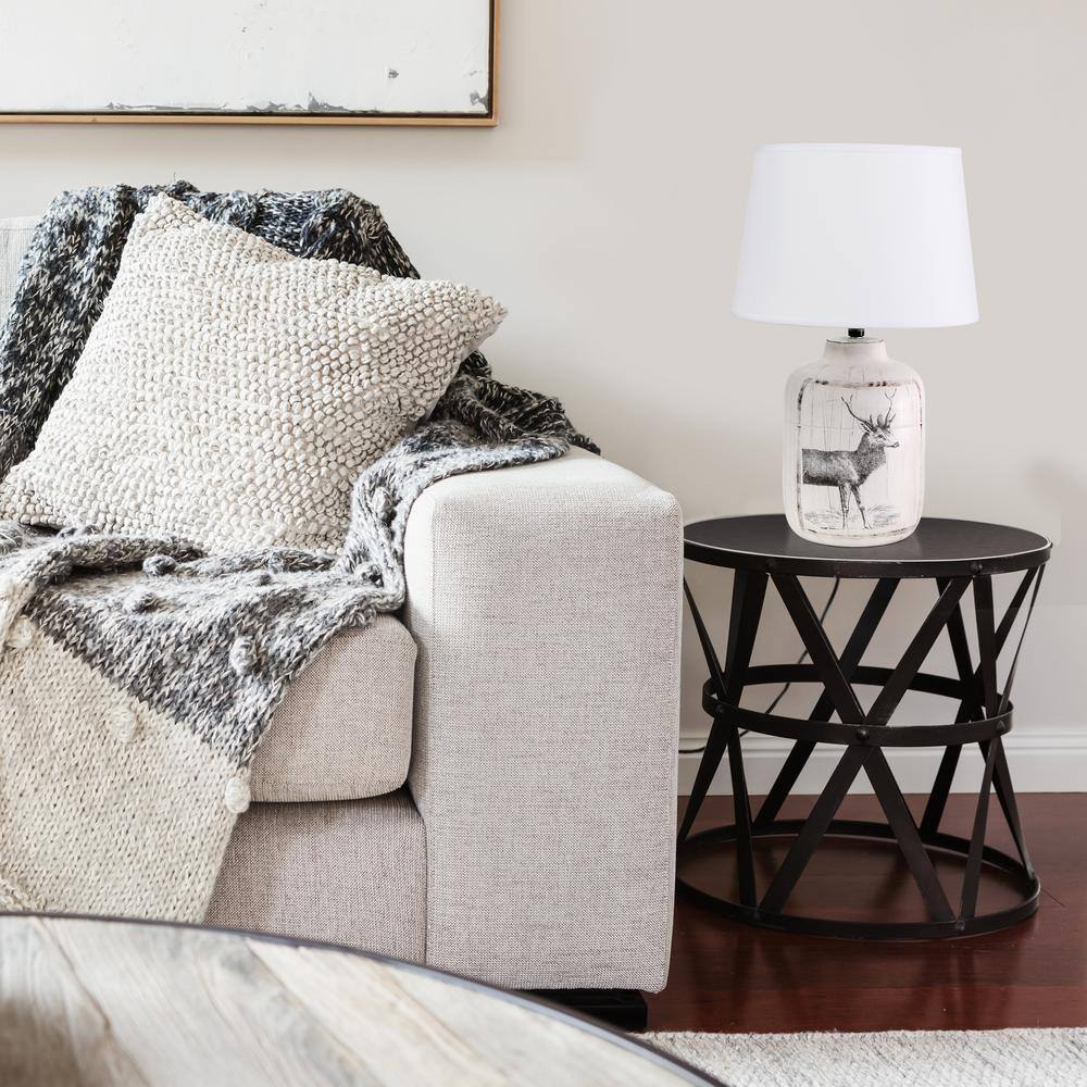 White Ceramic Deer Print Nightstand Lamp with Linen Shade