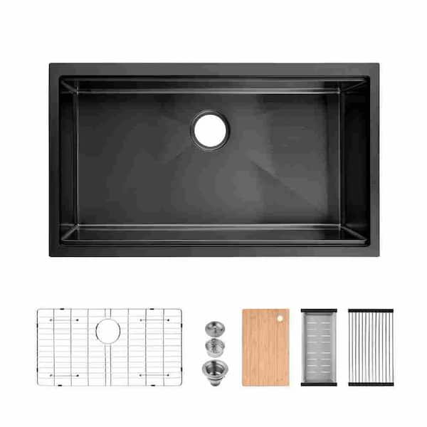 33 in. x 19 in. Undermount Single Bowl Stainless Steel Workstation Kitchen Sink in Black with Accessories