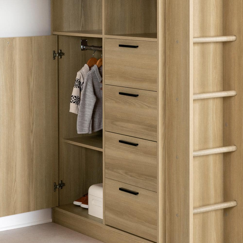 Natural Twin Loft Bed with Desk and Storage Drawers