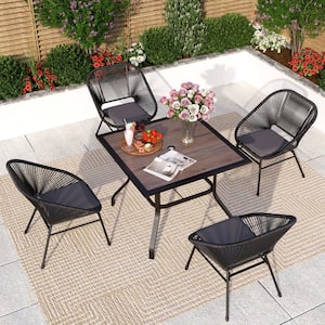 Rattan 5-Piece Metal Outdoor Dining Set with Wood Finish Table and Wicker Chairs
