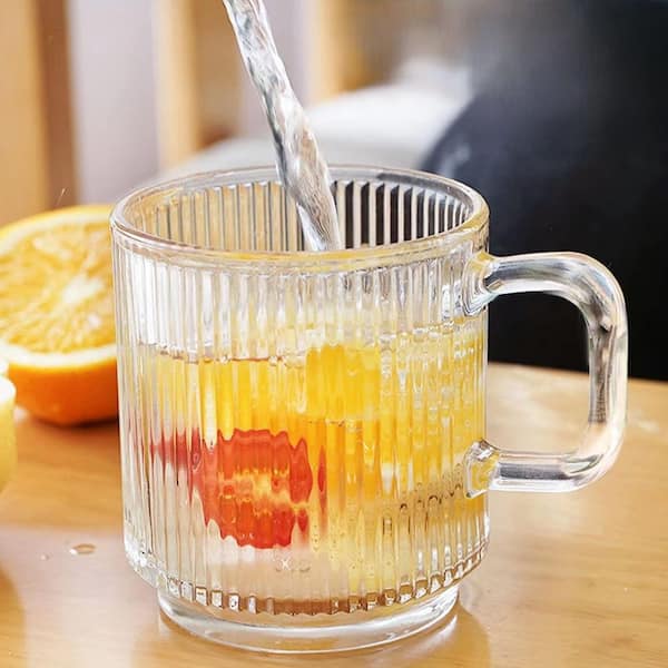 Wudkey 12 oz. Vertical Stripes Heat-Resistant Lead-Free Glass Coffee Mugs with Handle, Transparent, Dishwasher Safe