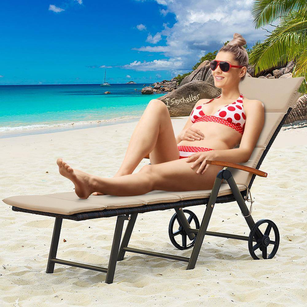 Beige Cushioned Folding Rattan Chaise Lounge with Aluminum Frame