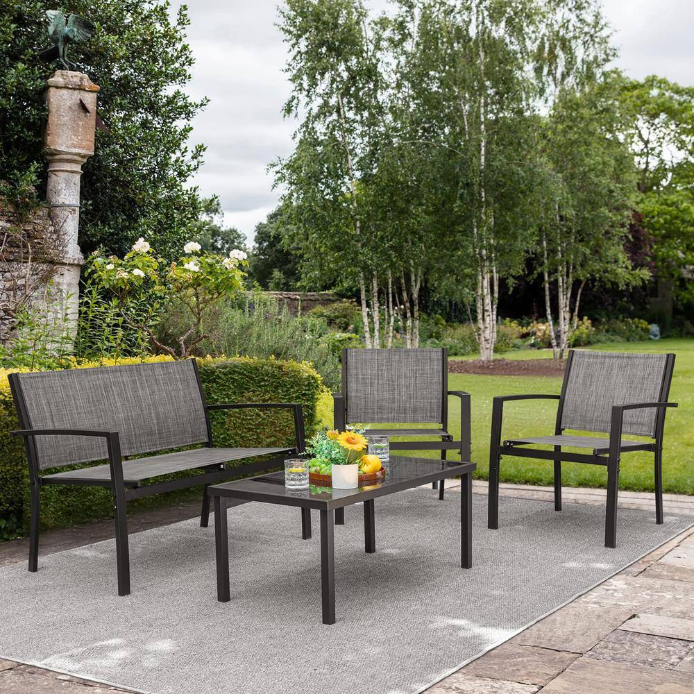 Grey 4-Piece Metal Patio Conversation Seating Set with Glass Coffee Table