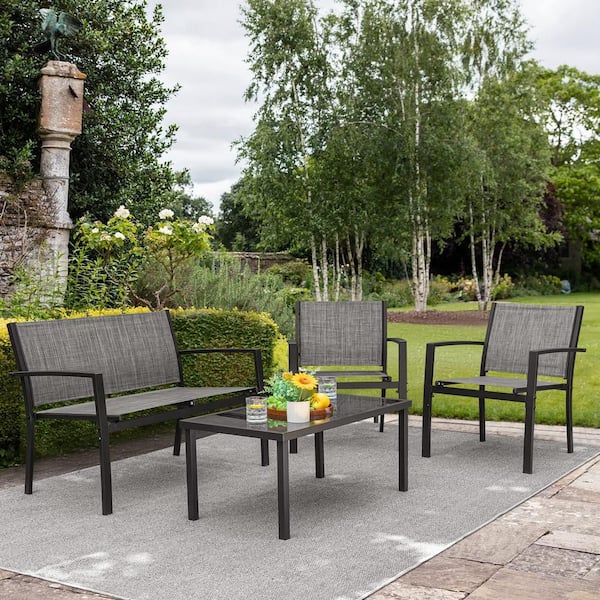 Unbranded Grey 4-Piece Metal Patio Conversation Seating Set with Glass Coffee Table