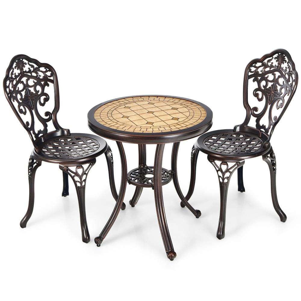 Costway  3-Pieces Metal Round Table Chairs Outdoor Bistro Set All-Weather Cast Aluminum Yard - 1