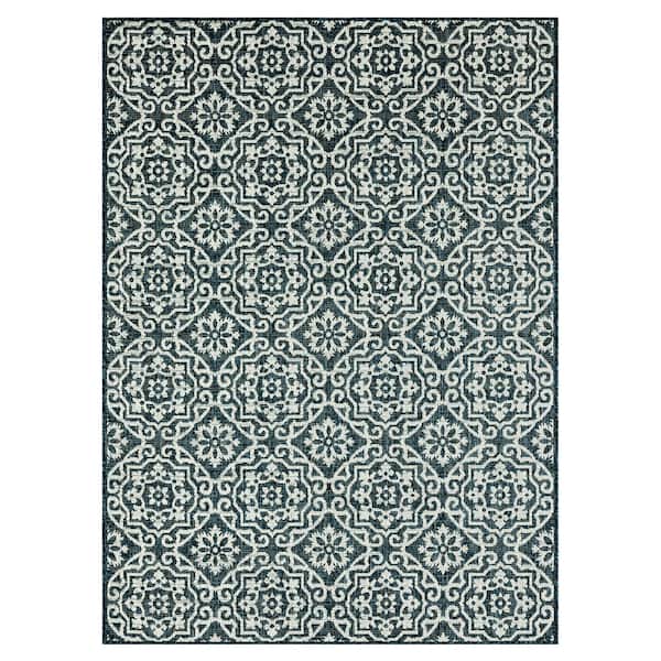 Patio Country Danica Blue/White 8 ft. x 10 ft. Geometric Indoor/Outdoor Area Rug