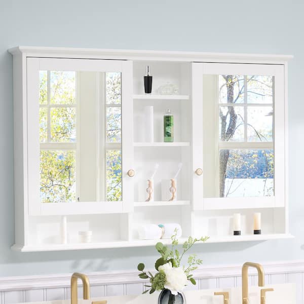 55 in. W x 35 in. H Rectangular White Wood Surface Mount Medicine Cabinet with Mirror and Shelves, 2-Soft Close Doors