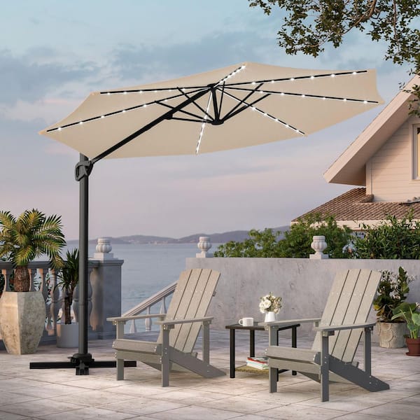 10 ft. LED Round Cantilever Umbrella Solution-Dyed Fabric, Metal Frame and Innovative 360° Rotation System in Sand