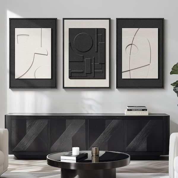 3 Piece Large 3D Textured Framed Black and White Abstract Wall Art Poster, 36 in. x 24 in