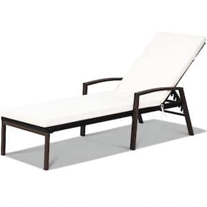 Brown Wicker Outdoor Patio Chaise Lounge Chair Adjustable Recliner with White Cushions