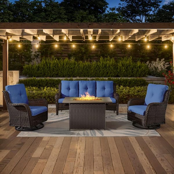 4-Piece Brown Wicker Outdoor Patio Rectangular Fire Pit Conversation Set with Blue Cushions and Swivel Rocker Chairs