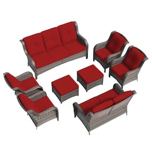 8-Piece Wicker Patio Conversation Set Yard Garden Porch with Red Cushions