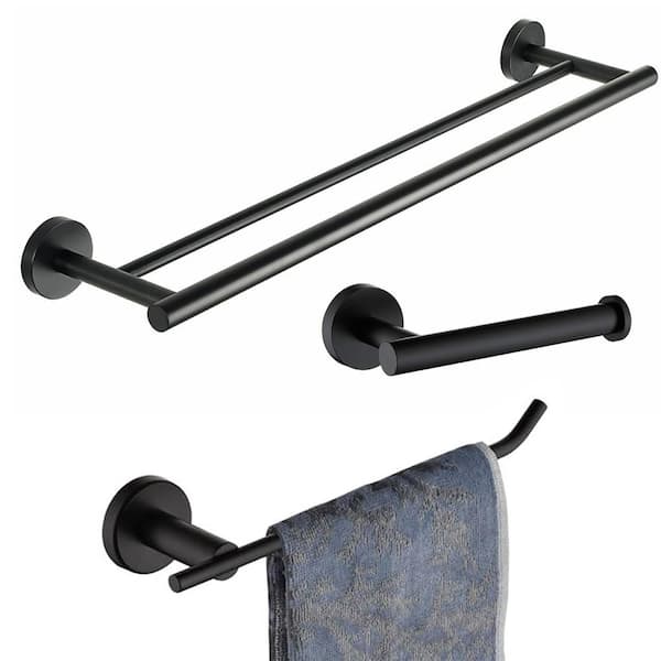 ATKING Wall Mounted 3 -Piece Bath Hardware Set with Double Towel Bar Hand Towel Holder Toilet Paper Holder in Matte Black