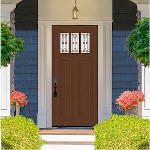 Regency 36 in. x 80 in. 3-Lite Amberton Decorative Glass LHOS Chestnut Stain Fir Grain Fiberglass Prehung Front Door