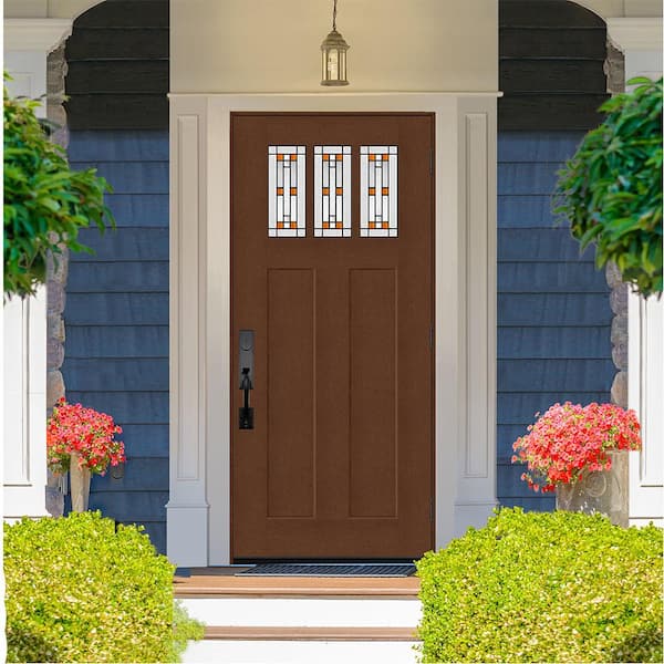 Regency 36 in. x 80 in. 3-Lite Amberton Decorative Glass LHOS Chestnut Stain Fir Grain Fiberglass Prehung Front Door