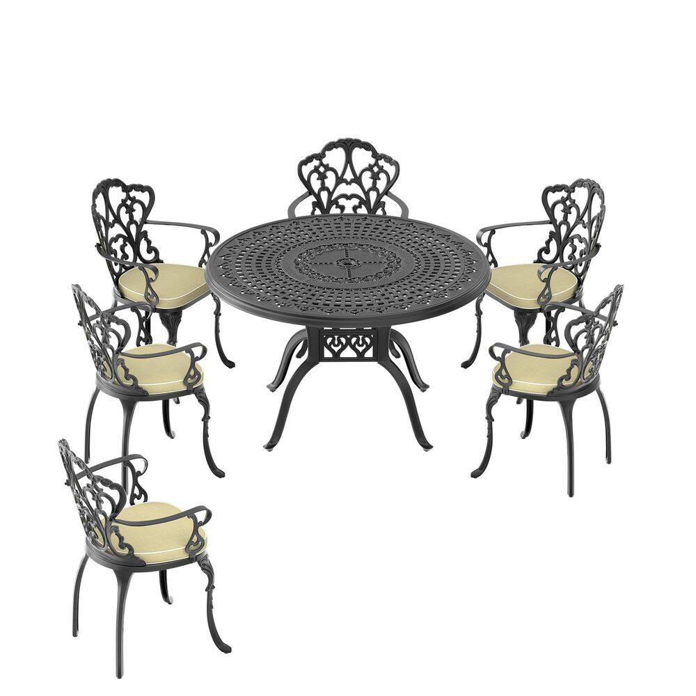 Black 7-Piece Cast Aluminum Round Outdoor Dining Set with Weather-Resistant Cushions durable construction price history on PriceWatchPro