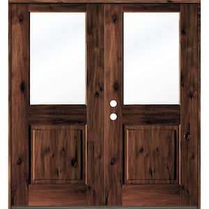 64 in. x 80 in. Rustic Knotty Alder Wood Clear Half-Lite red mahogony Stain Right Active Double Prehung Front Door