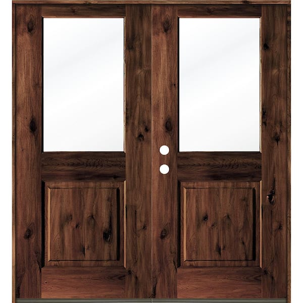 Krosswood Doors 64 in. x 80 in. Rustic Knotty Alder Wood Clear Half-Lite red mahogony Stain Right Active Double Prehung Front Door