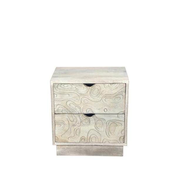 26" Gray Solid Wood Carved Abstract Two Drawer Nightstand