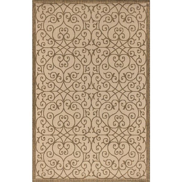 Beige/Brown 9 ft. x 12 ft. Madrid Vintage Filigree Textured Weave Indoor/Outdoor Area Rug
