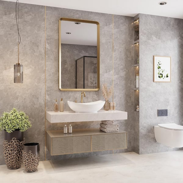 22.4 in. L x 15.75 in. W White Bathroom Irregular Ceramic Vessel Sink with Gold Rim Art Basin Not Included Faucet