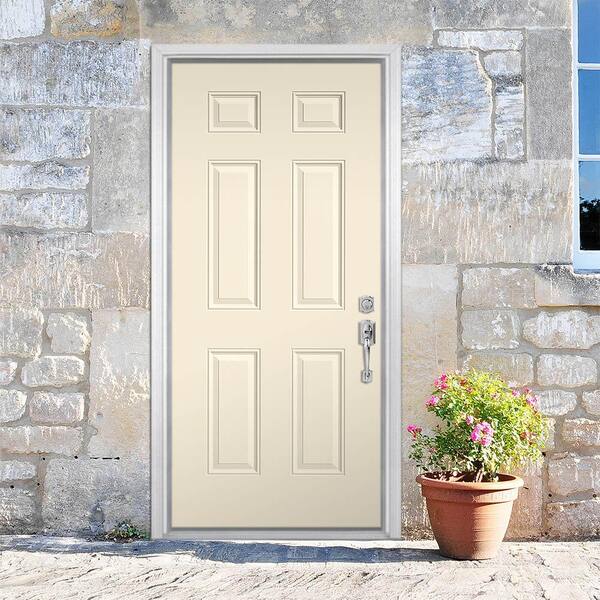 32 in. x 80 in. 6-Panel Golden Haystack Left Hand Inswing Painted Smooth Fiberglass Prehung Front Door with Brickmold