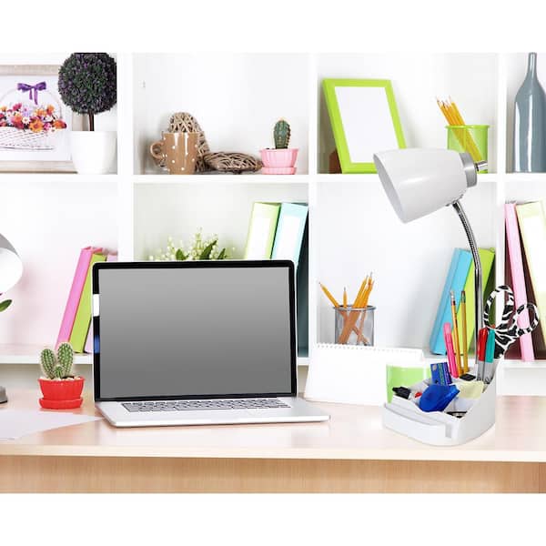 18.5 in. Gooseneck Organizer Desk Lamp with Holder and Charging Outlet, White