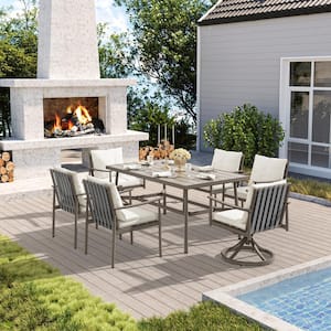 Sunset Retreat 7-Piece Aluminum Outdoor Dining Set with Swivel Chairs and Light Gray Cushions