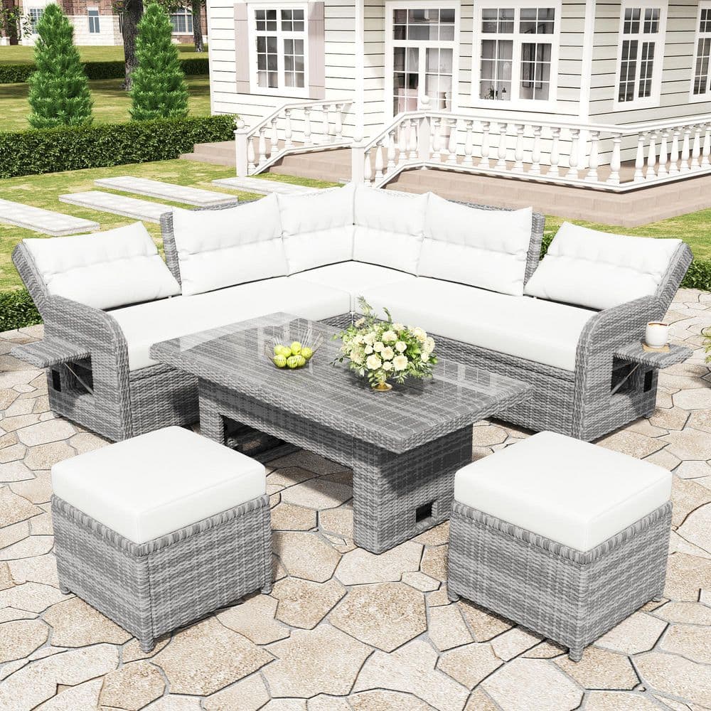 6-Piece Grey Rattan Wicker Outdoor Sectional Sofa Set with Beige Cushions, 