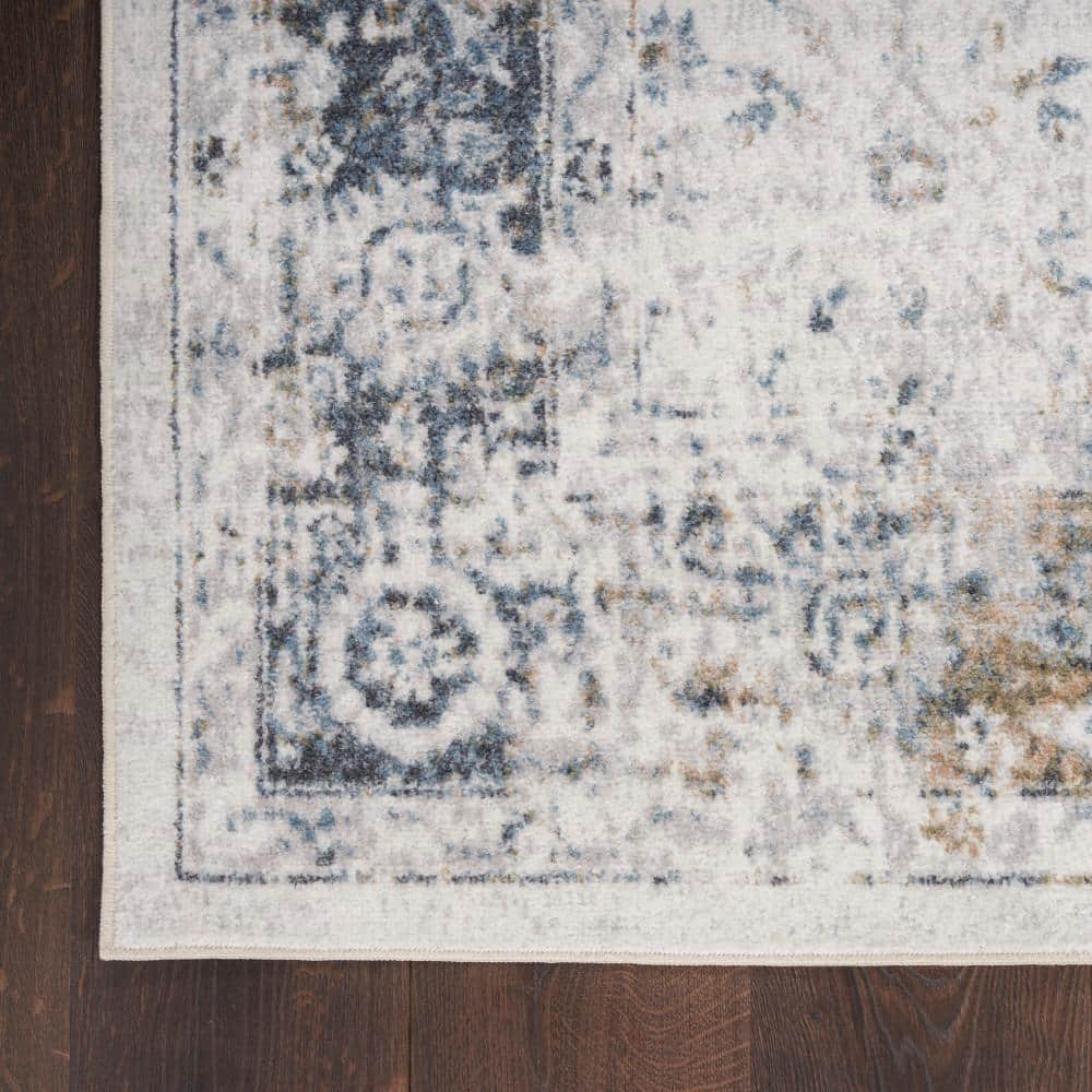 Ivory Blue Floral Synthetic 8' x 10' Washable Rug