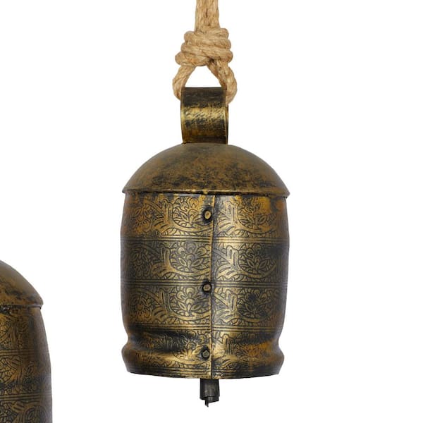 Gold Metal Tibetan Inspired Cylindrical Decorative Bell with Jute Hanging  Rope