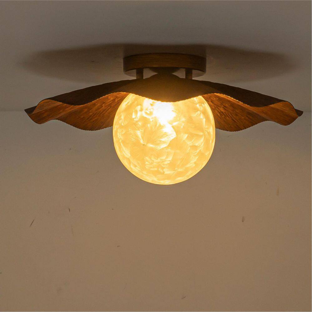 15.35 in. 1-Light Antique Bronze Lotus Leaf Flush Mount Ceiling Light with Ice-Textured Glass Globe Shade price history on PriceWatchPro