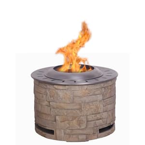 20 in. Round Wood Outdoor Fire Pit Table Stackstone Look Smokeless Fire Pit in Brown