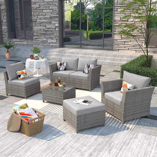 OVIOS Bexley Gray 6-Piece Wicker Patio Conversation Seating Set with ...