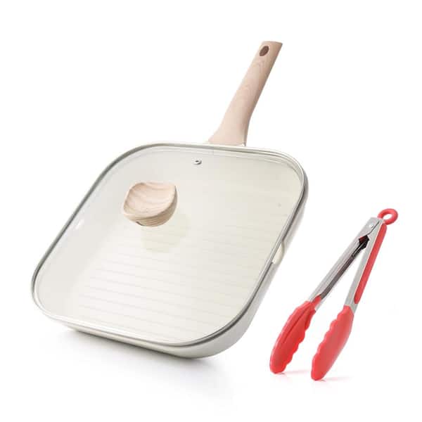 11 in. Square Grill Pan Nonstick Lid and Pour Spouts White 2-Piece