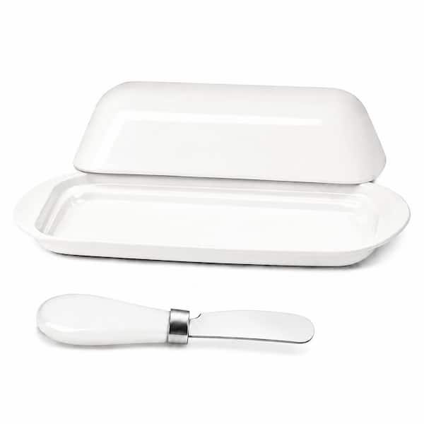 White Melamine Butter Dish with Lid and Stainless Steel Knife, Holds 1 Stick, Dishwasher Safe for Countertop Use
