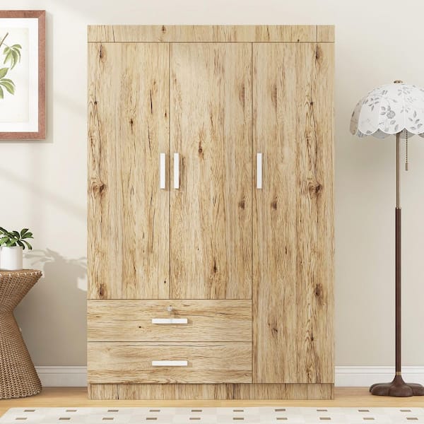Oak Particle Board/MDF 41.2 in. Wardrobe with 2 Drawers and 2 Hanging Rods