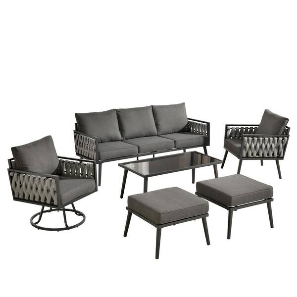 Velora 6-Piece Patio Conversation Braided Sofa Swivel Rocking Chair Set with Ottomans and Black Cushions
