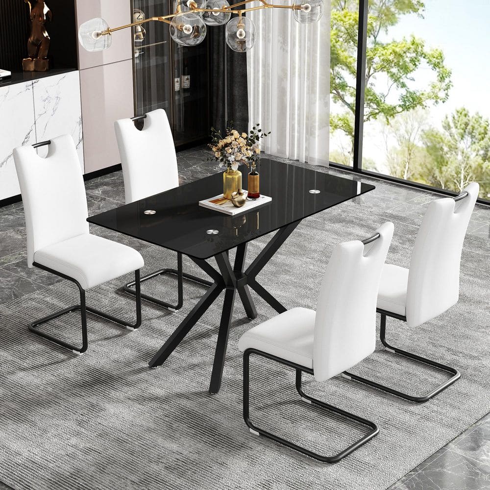 Black Tempered Glass 47.24 in. Adjustable Metal Cross Legs Dining Table Seats 4 price history on PriceWatchPro