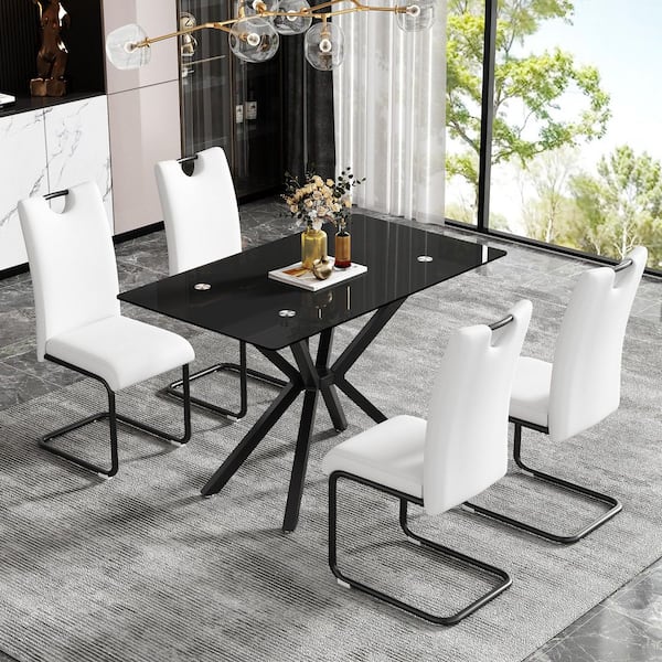 47.24 in. Rectangular Black Tempered Glass Table with Adjustable Black Metal Cross Legs Dining Table, Seats 4-6 people