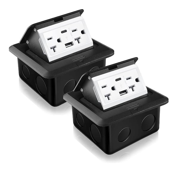 2 Pack Aluminum Alloy Pop Up Floor Outlet Kit Waterproof Electrical Outlet Box with USB A and Type C Charging Ports