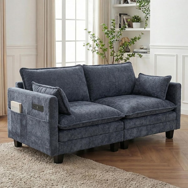 Heidi Modern 74.8 in. Track Arm Chenille Upholstered Rectangle Loveseat Sofa in Blue with USB Ports, Side Pockets