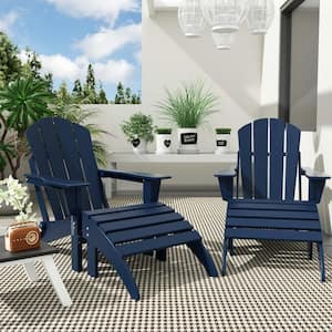 Laguna Outdoor Patio 4 Piece Set Traditional HDPE Plastic Folding Adirondack Chairs with Footrest Ottomans in Navy Blue