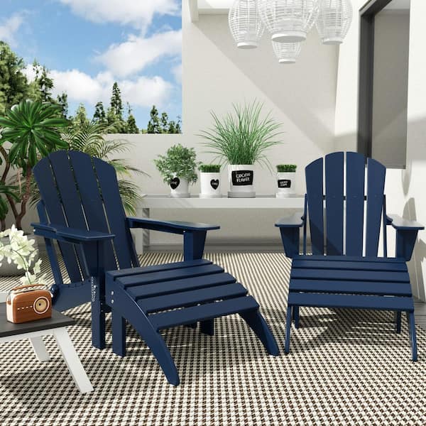 Laguna Outdoor Patio 4 Piece Set Traditional HDPE Plastic Folding Adirondack Chairs with Footrest Ottomans in Navy Blue