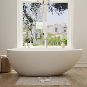 63 in. x 32 in. Stone Resin Flatbottom Solid Surface Non-Slip Freestanding Soaking Bathtub in White with Drain and Hose
