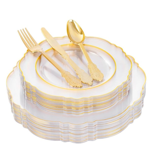 125-Piece Clear Scalloped Plastic Dinnerware Set Include 50 Plates, 75 Gold Silverware, Service Set for 25