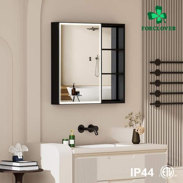 32 in. W x 30 in. H Rectangular Black Aluminum Recessed/Surface Mount LED Medicine Cabinet with Mirror and Outlet